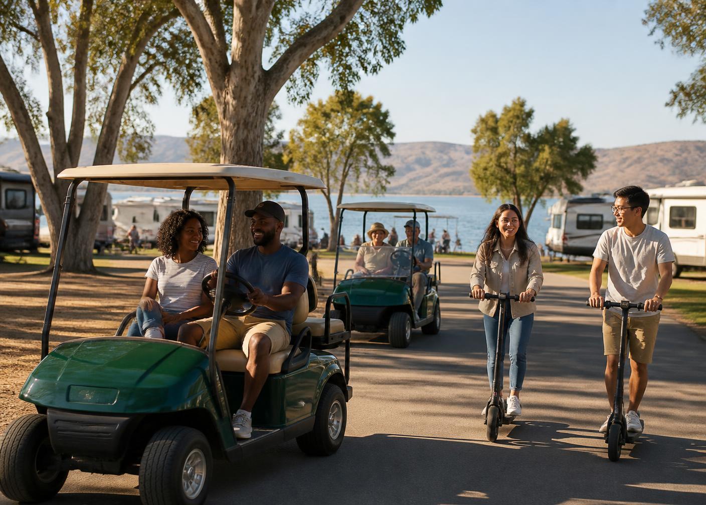 Families and friends enjoying golf carts and electric scooters around a sunny lakeside campground with RVs and shade trees