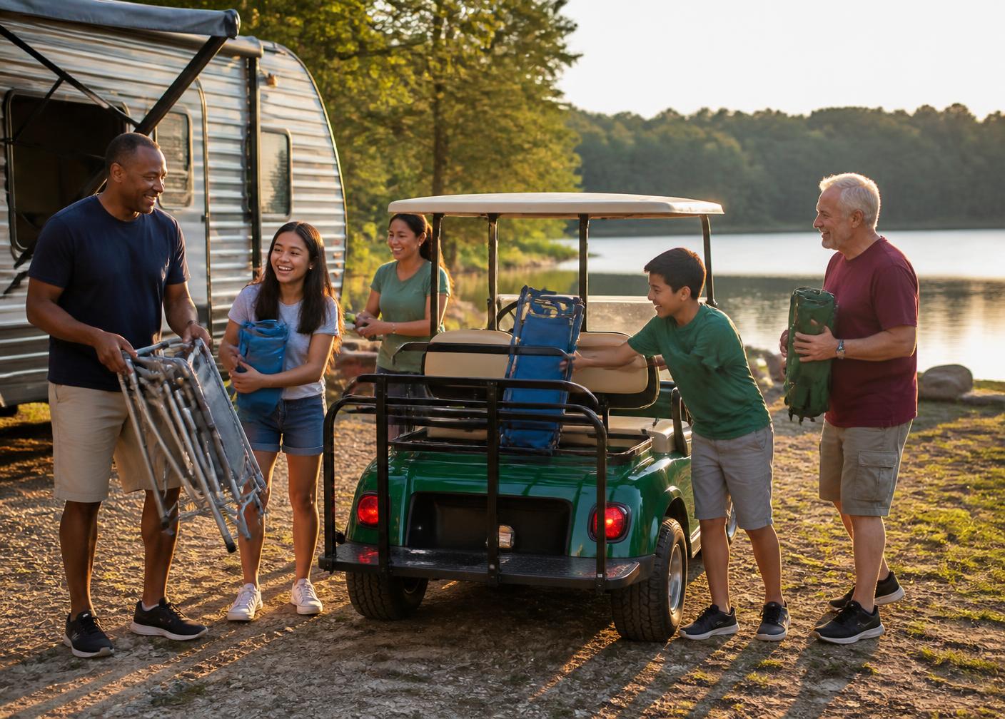 Multiracial family loading a golf cart at a lakeside campsite next to their travel trailer
