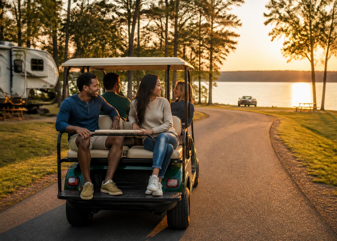 Diverse group of friends in a golf cart driving down a campground road toward the lake at sunset