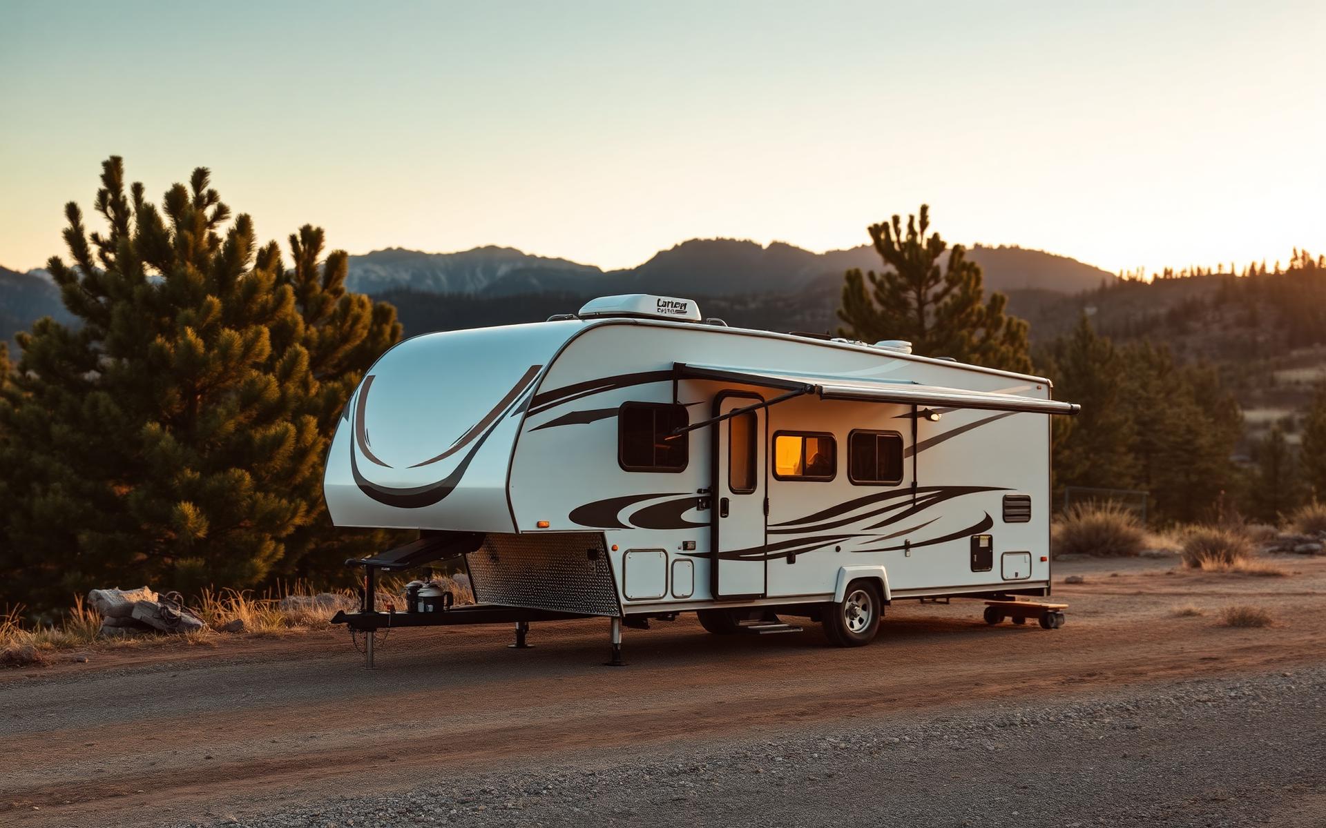 Travel trailer parked at a mountain campsite at golden hour