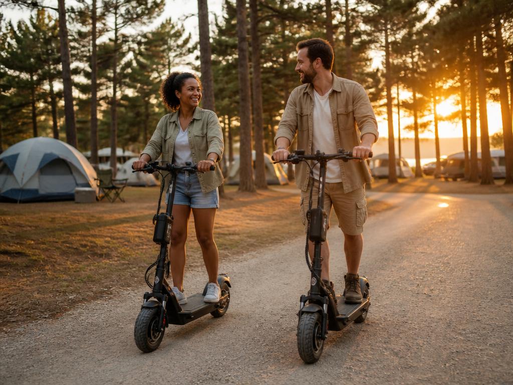 Diverse couple riding electric scooters through a campground at sunset