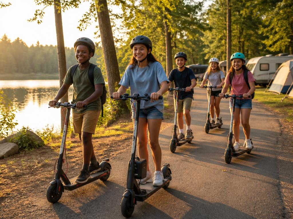 Diverse kids in helmets riding electric scooters along a lakeside campground path